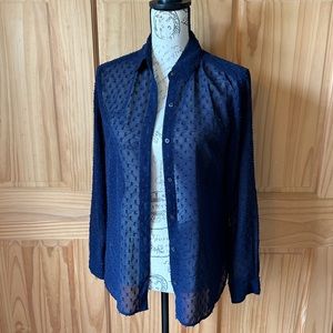 Banana Republic Sheer Navy Blue Textured Button Up Long Sleeved Classic Blouse